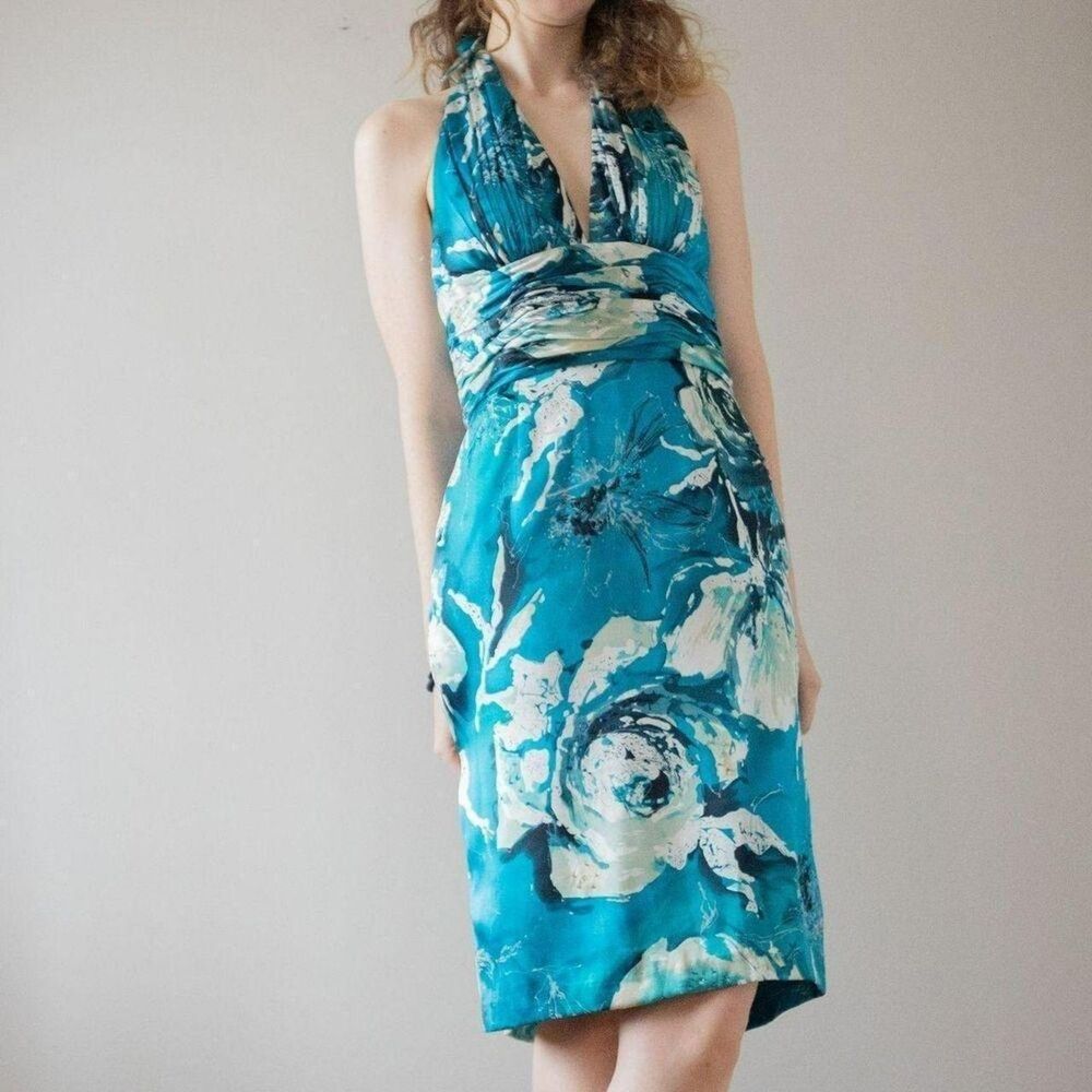 Silk Teal Blue Floral Cocktail Y2K Style Wedding Guest / Prom / Evening Dress